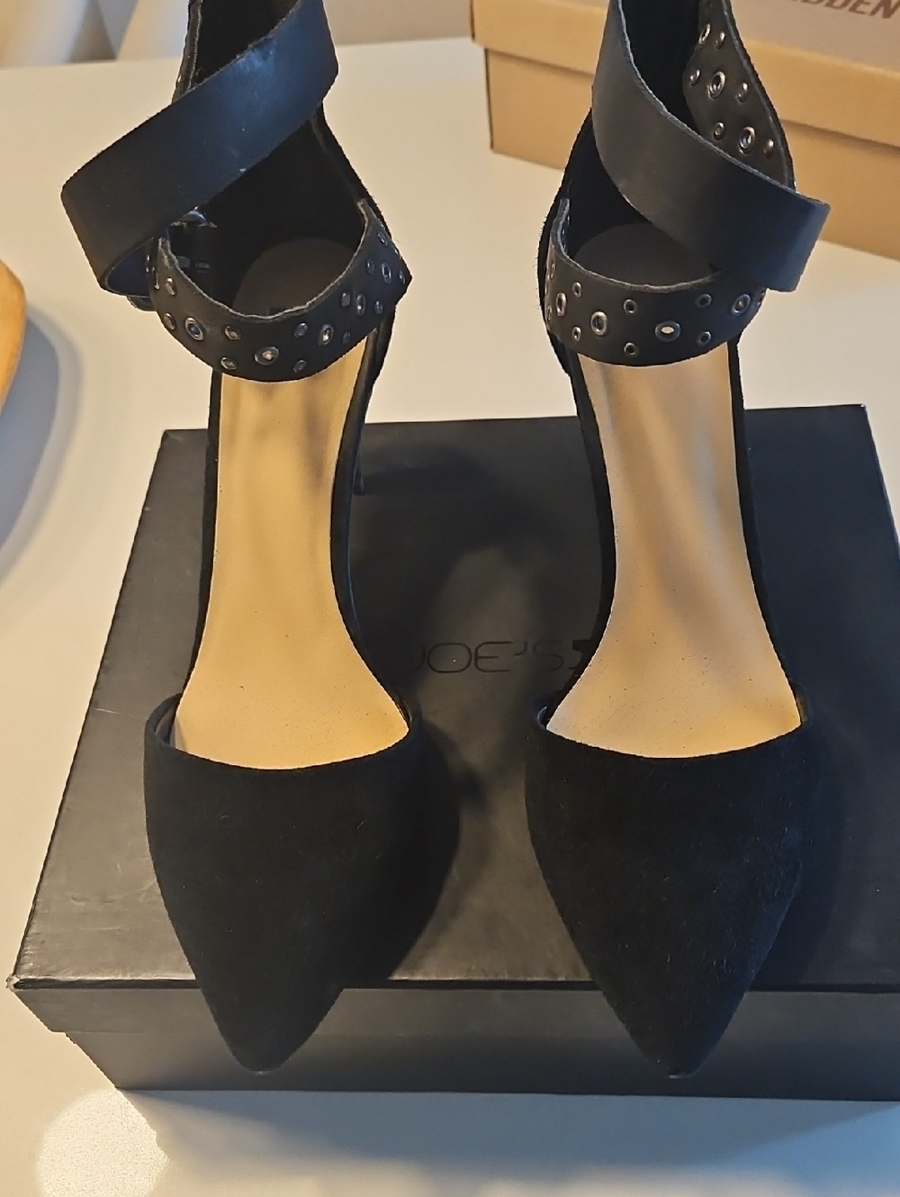 Joes Studded Ankle-Strap Black Pointed-Toe Suede Heels